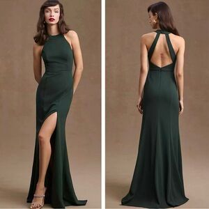 BHLDN Lennox Halter Open Back Side Slit Stretch Crepe Gown NEW Size 8 Green